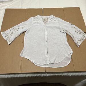 Anthropologie Fig and Flower PEASANT Boho Blouse White Embroidered Lace Tunic L